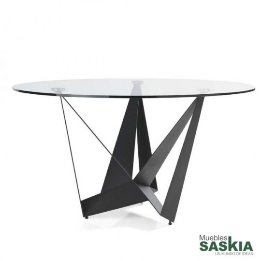 Mesa de comedor con patas de acero negro y tapa de cristal templado. Diámetro de 110 centímetros.
