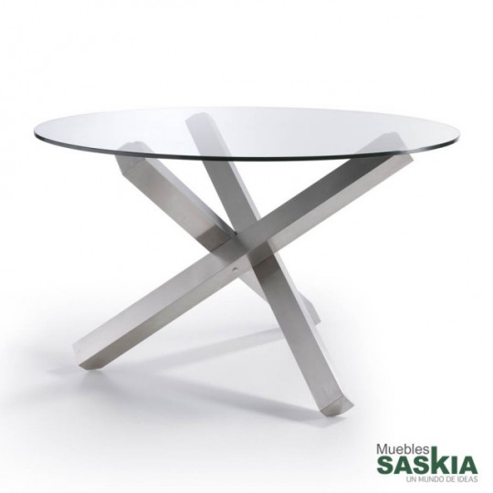 Mesa de comedor con base de acero inoxidable pulido y tapa de cristal templado. Diámetro de 120 centímetros.