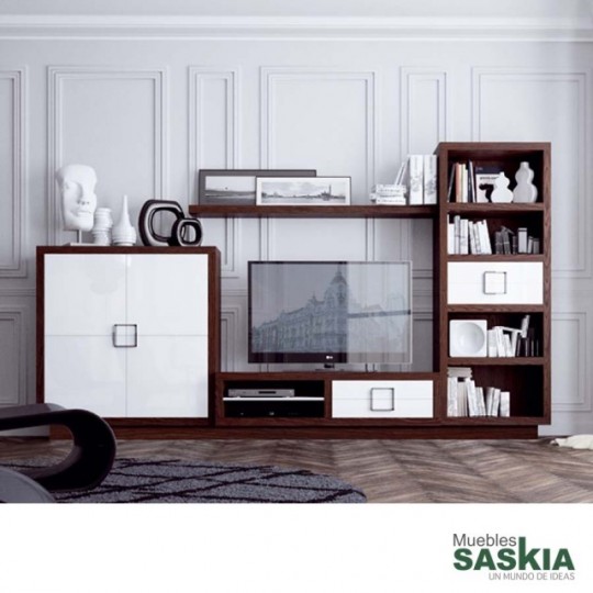 Elegante composición de mueble de tv, librería, estantería y aparadores.